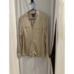 white house black market Gold Silk Stretch Button Front Blouse Sz 8 Ruffle Trim